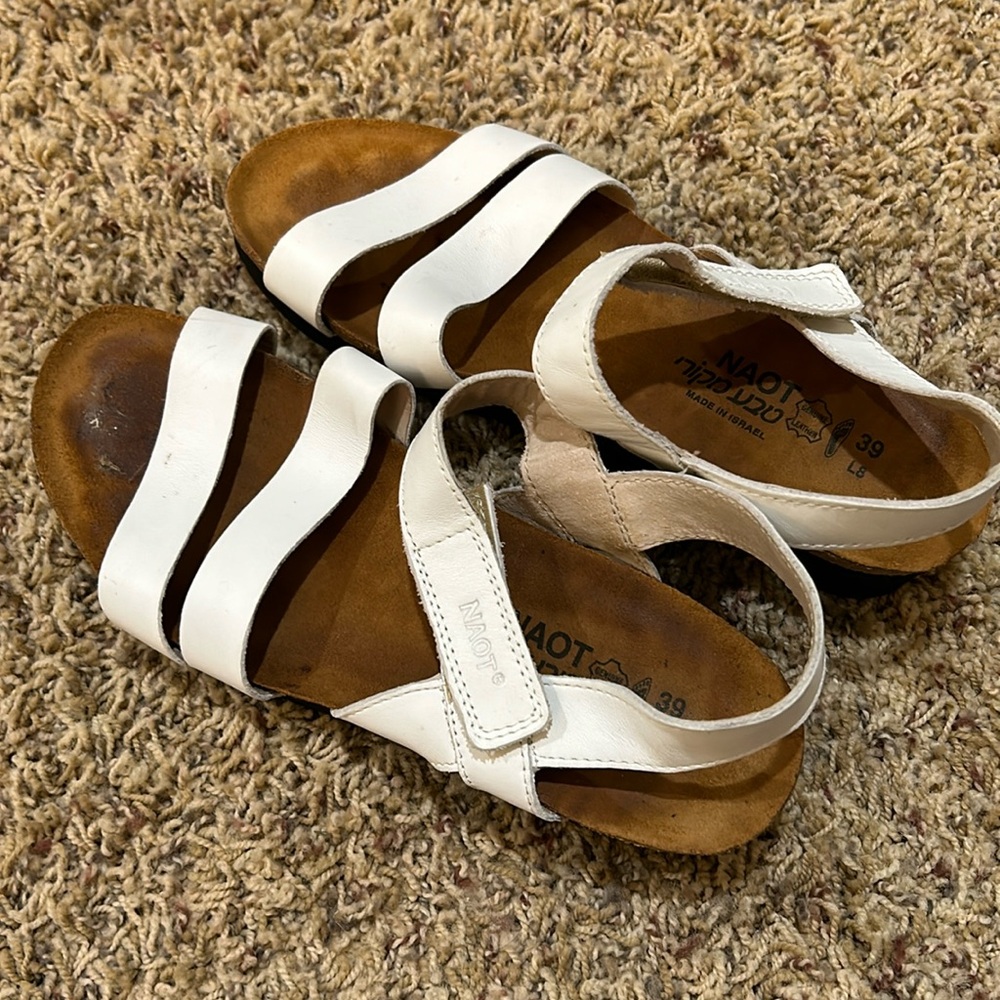 NAOT White Leather ankle strap wedge sandals
